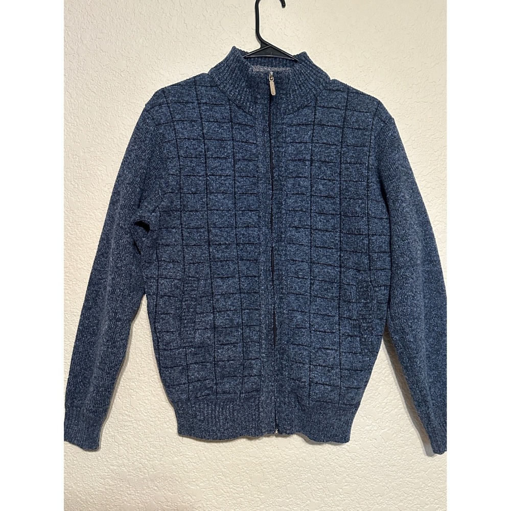 Gioberti Mens S Blue Marl Full Zip Fleece Lined Cardigan Sweater Grid Pattern